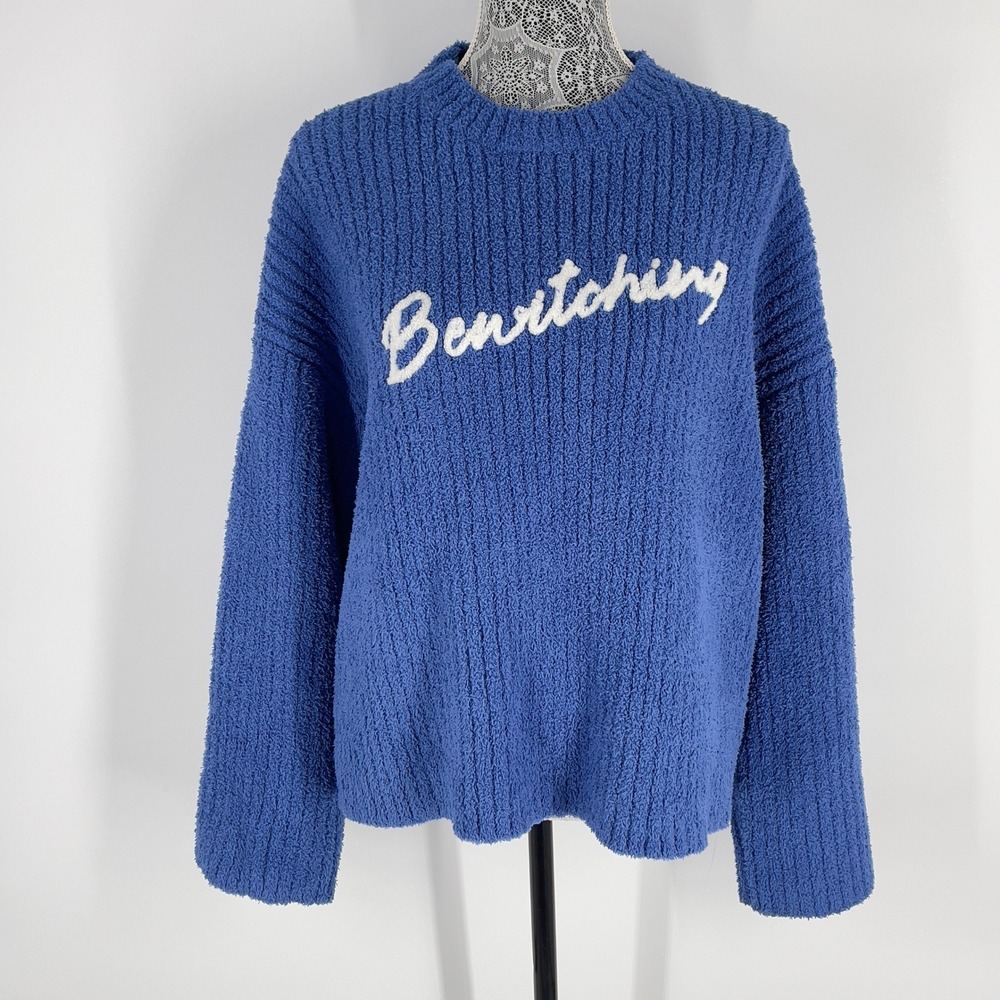 Bewitching Blue Fuzzy Cozy Heavy‎ Knit Embroidered Sweater Women's Size Large